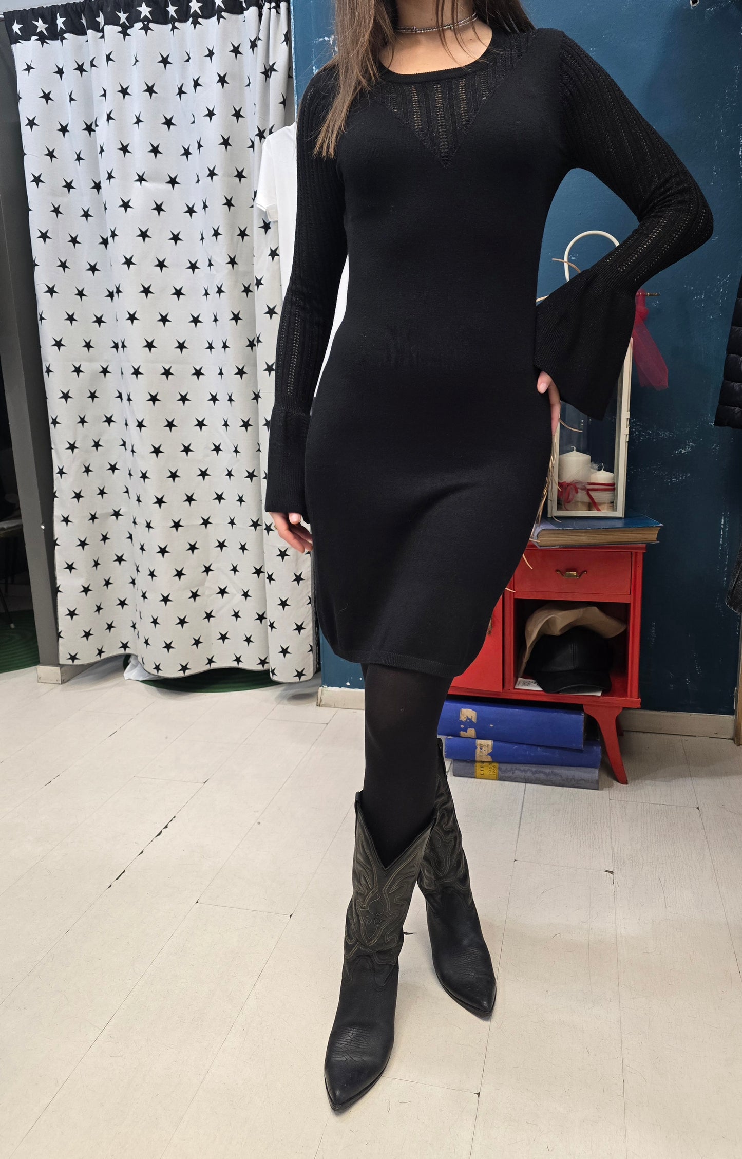 Abito Maglia Viscosa Tubino Ginocchio Manica Traforata