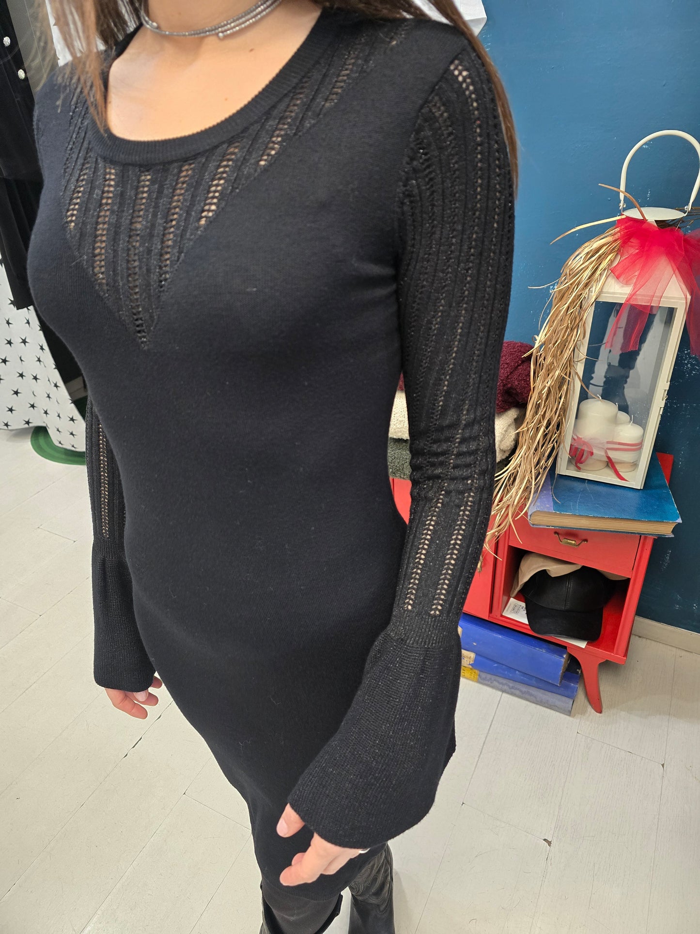 Abito Maglia Viscosa Tubino Ginocchio Manica Traforata