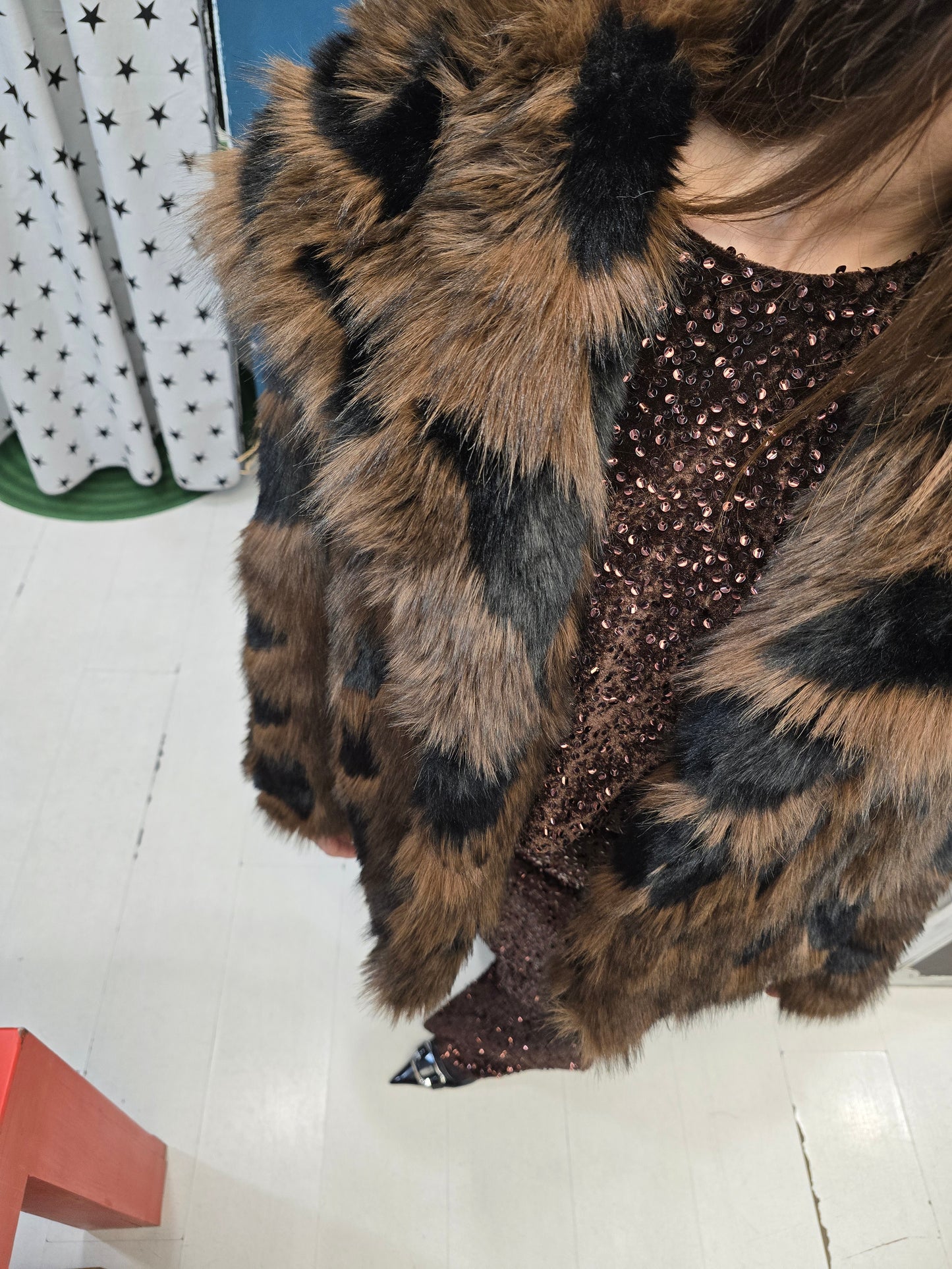 Pelliccia Ecologica Effetto Chiazzato Nero Marrone