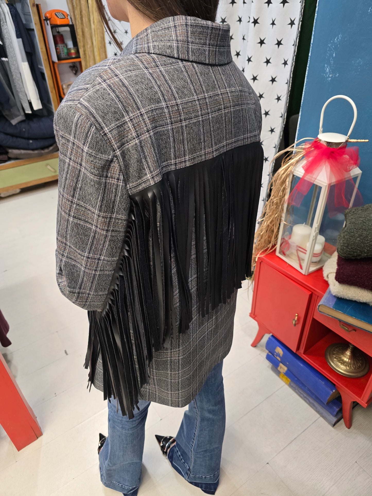 Blazer Check Nero Grigio Over Frange Ecopelle