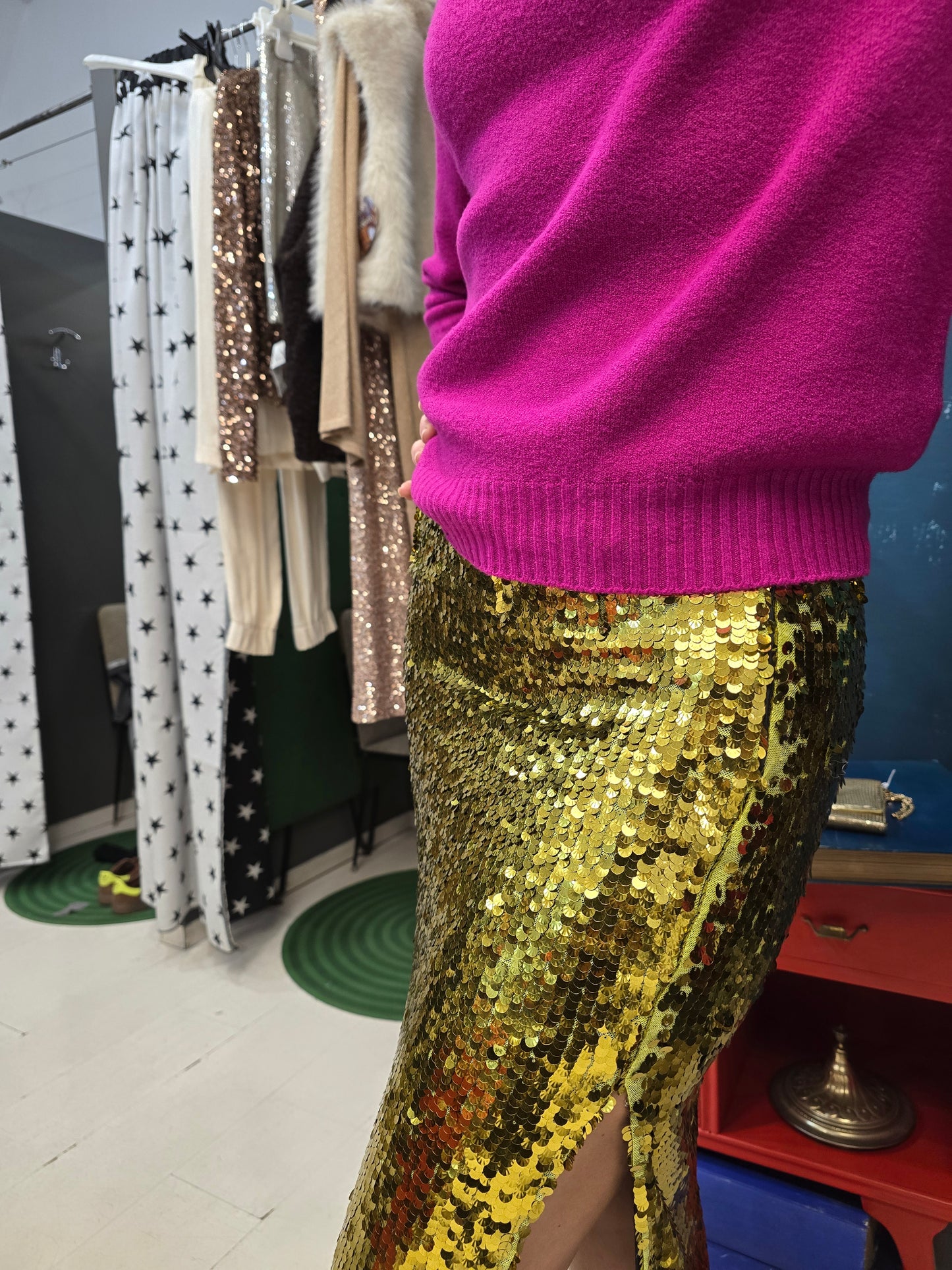 Gonna Paillettes Longuette Spacchetto Laterale Giallo Taglia 42