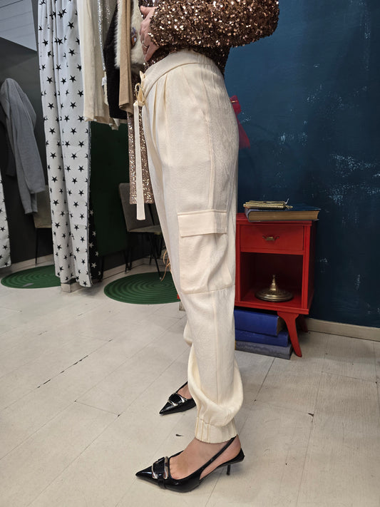 Pantalone Tessuto Raso Operato Tono Tono Cargo Avorio Taglia 42