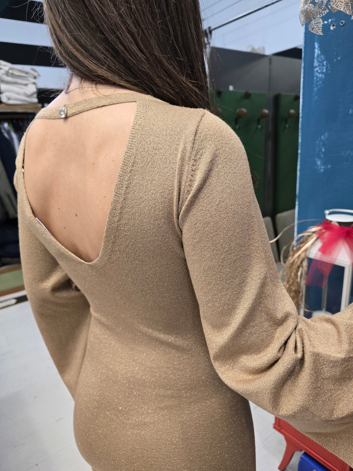 Abito Maglia Lurex Rasata Aderente Manica Trapezio Scollatura Dietro Oro Ginocchio Taglia 42