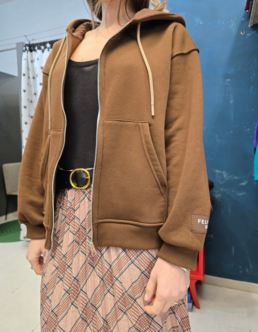 Felpa Cotone Felpato Cappuccio Tascone Zip Caffè