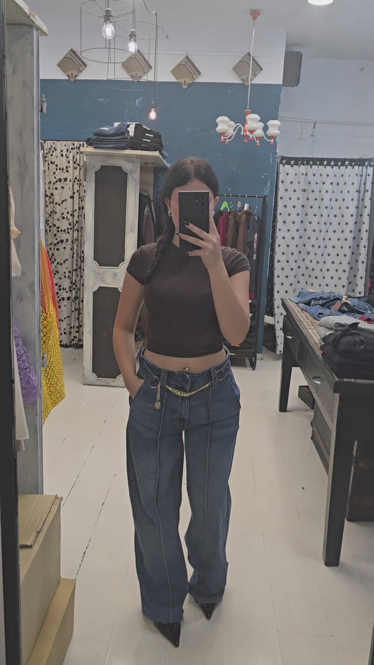 Jeans Tessuto Fermo Wide Leg Cintura Catena Dorata Blu Medio