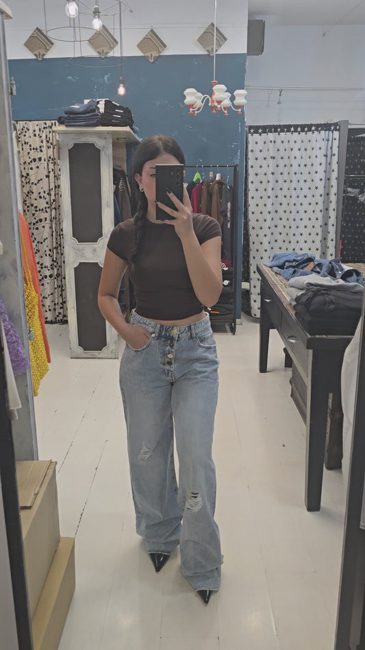 Jeans Tessuto Fermo Wide Leg Strappetti Bottoni Gioiello Celeste