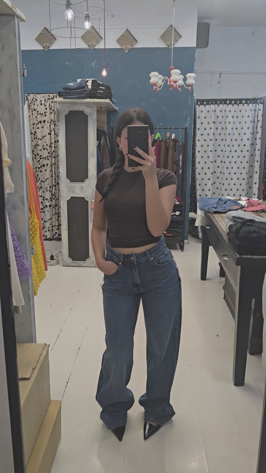 Jeans Tessuto Fermo Gamba Larga Blu Medio